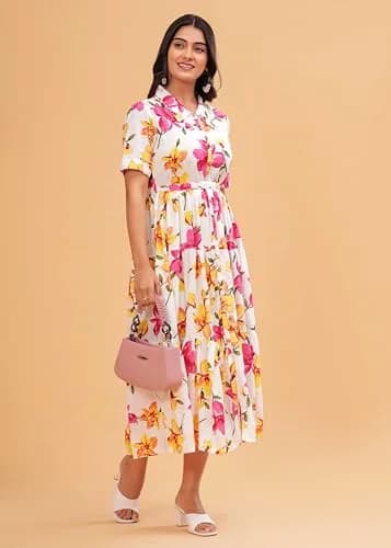 Jikonet Women's Floral Print Cotton Western Dress, White, 3XL | Shirt Collar, Tie Belt, Half Sleeves thumbnail 8