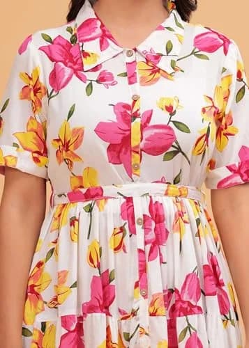 Jikonet Women's Floral Print Cotton Western Dress, White, 3XL | Shirt Collar, Tie Belt, Half Sleeves thumbnail 3