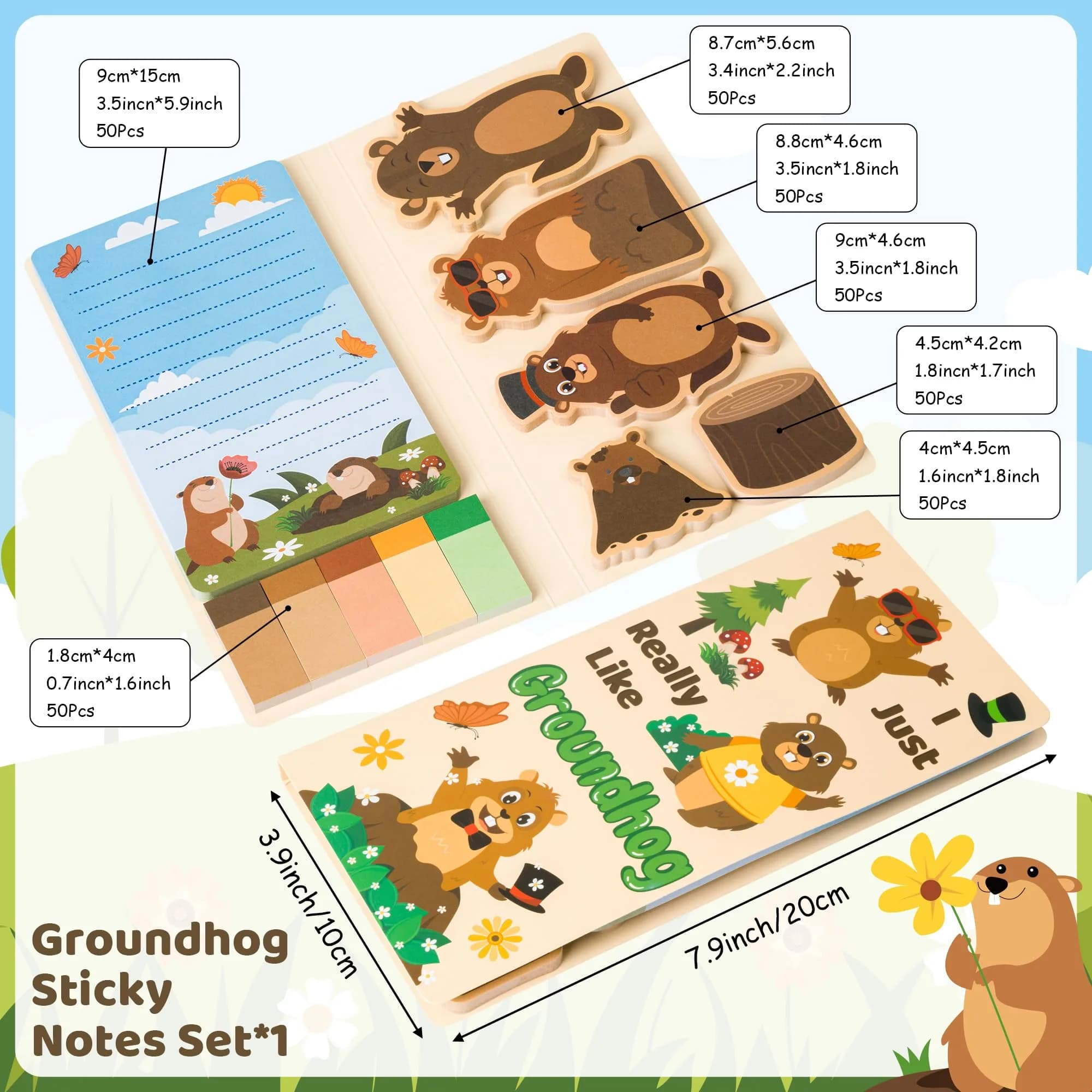 Xqumoi Groundhog Sticky Notes Set | Cute Animal Self-Stick Note Pads Bundle for Back to School - view 2