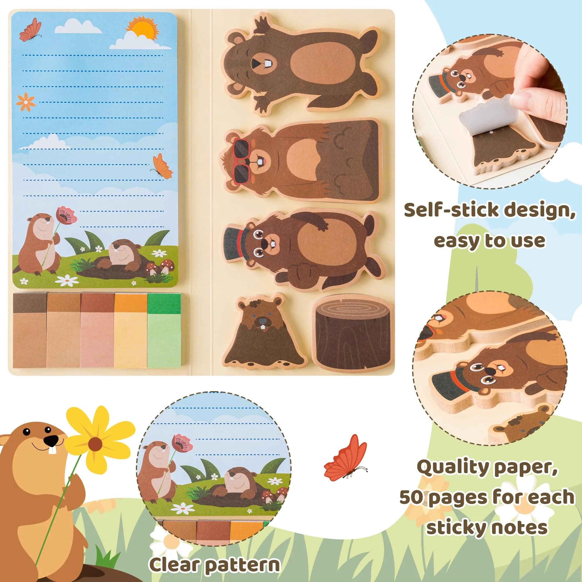 Xqumoi Groundhog Sticky Notes Set | Cute Animal Self-Stick Note Pads Bundle for Back to School - view 3