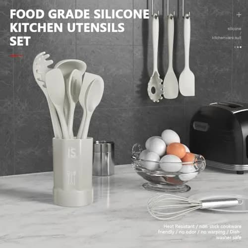 AOTHOD Silicone Cooking Utensils Set - 446°F Heat Resistant Kitchen Gadgets, Spatula, Spoon, Dishwasher Safe (Cream White) thumbnail 2