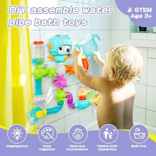 EazierWizter STEM Bath Toys for Kids 3-8 | DIY Water Pipe Kit with Suction Cups thumbnail 2