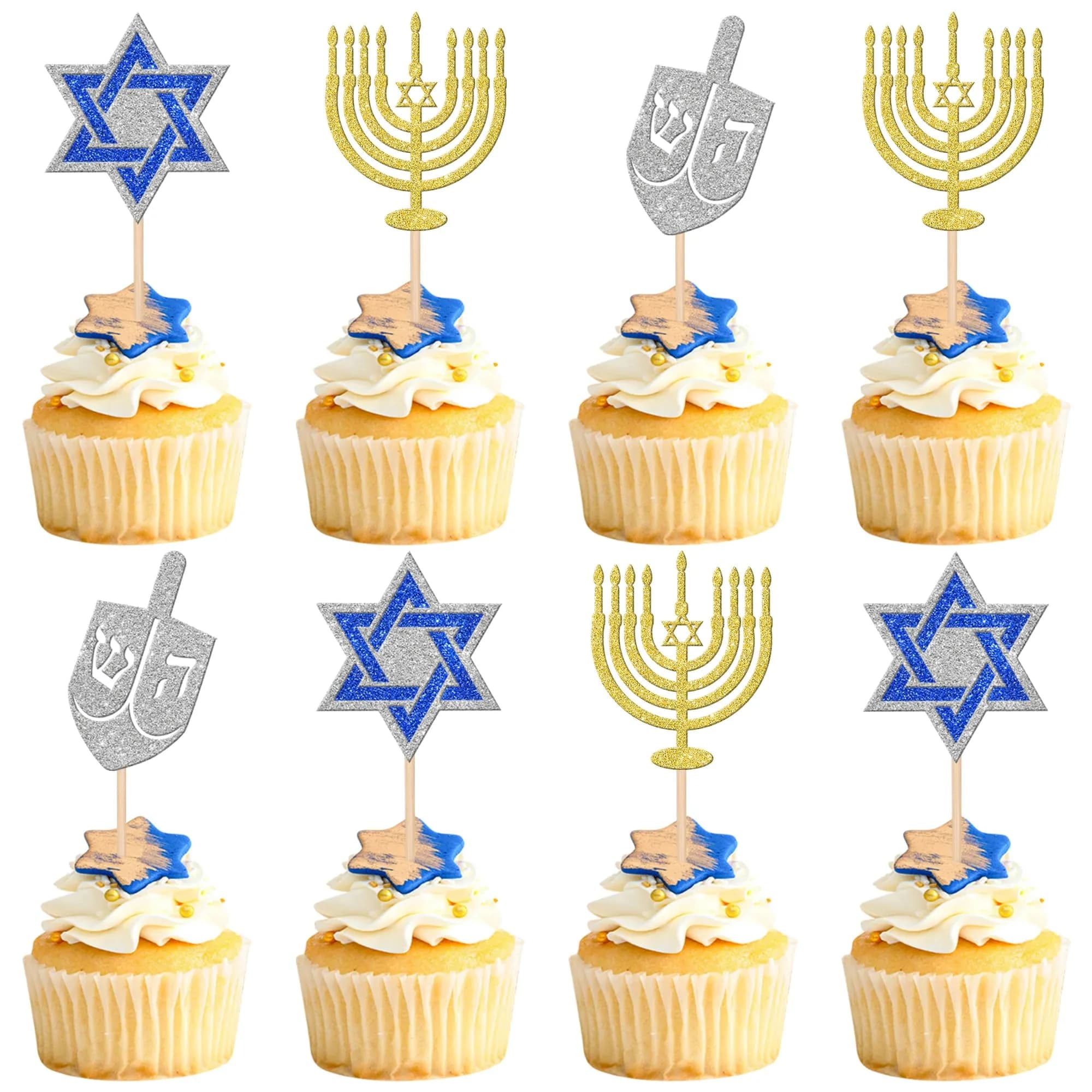 ZHUOWEISM 24 PCS Hanukkah Cupcake Toppers - Glitter Star of David, Candlestick, Hexagram Picks for Party Cake Decorations - Chanukkah Theme Supplies Gold | Festive Cake Decor