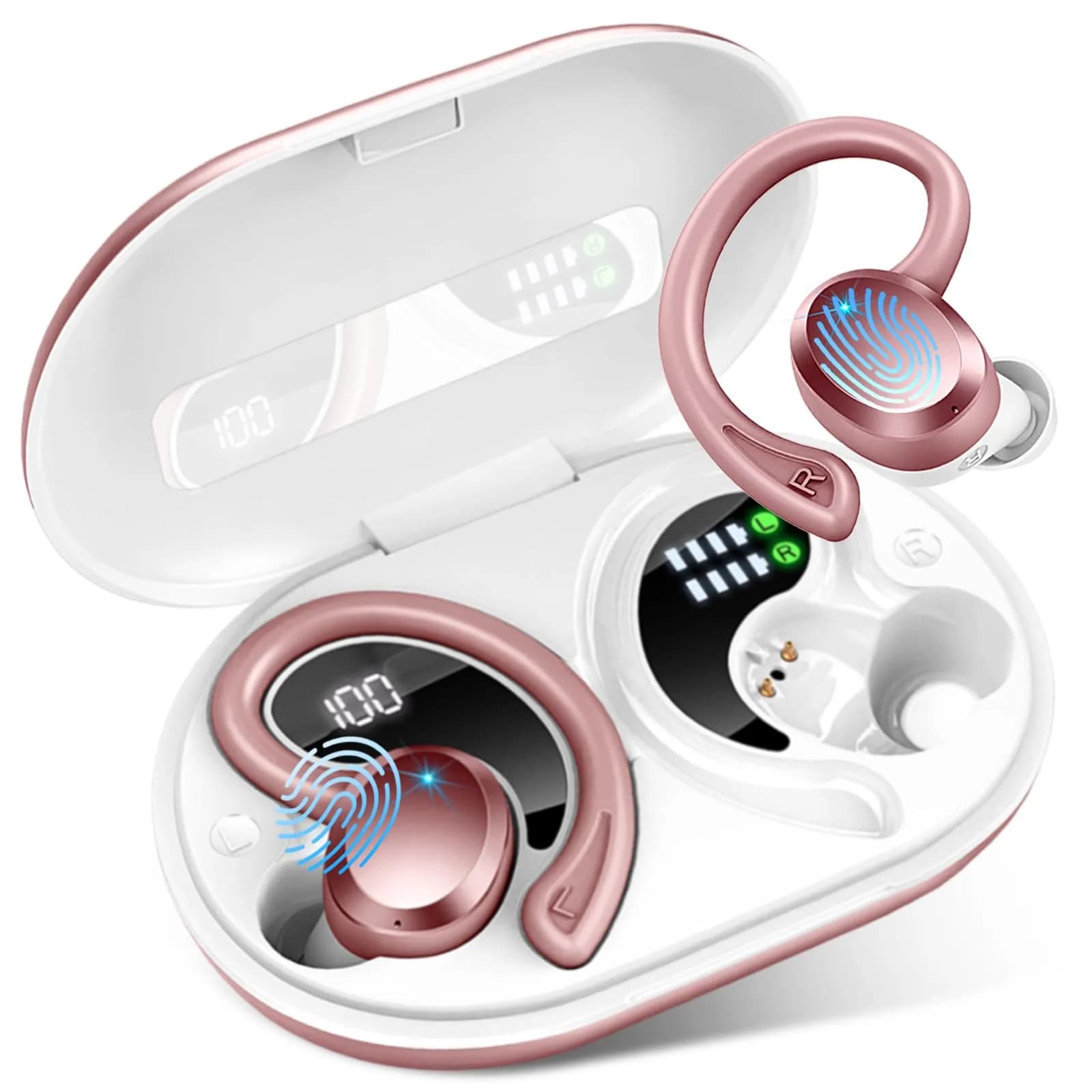 Rulefiss Wireless Earbuds Sport, Bluetooth 5.4 Headphones with Earhook, 56Hrs Playtime, IPX7 Waterproof | Hi-Fi Stereo Sound — Deep Rose Gold