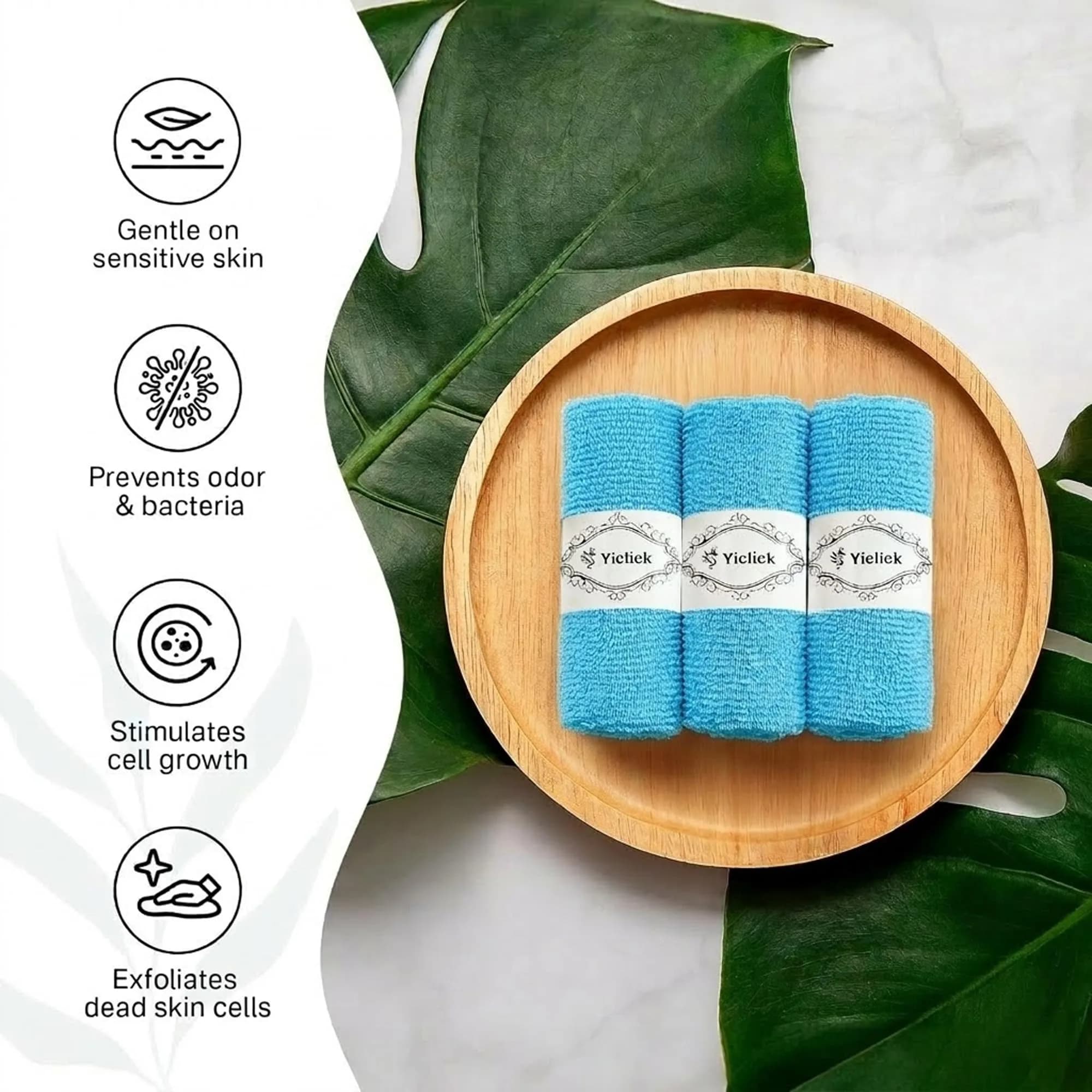 Yiclick Exfoliating Washcloth Towel Set - 3 Pack Aqua Blue Back Scrubber for Shower Bath | 86 cm (34.5 inches) — Aqua Blue