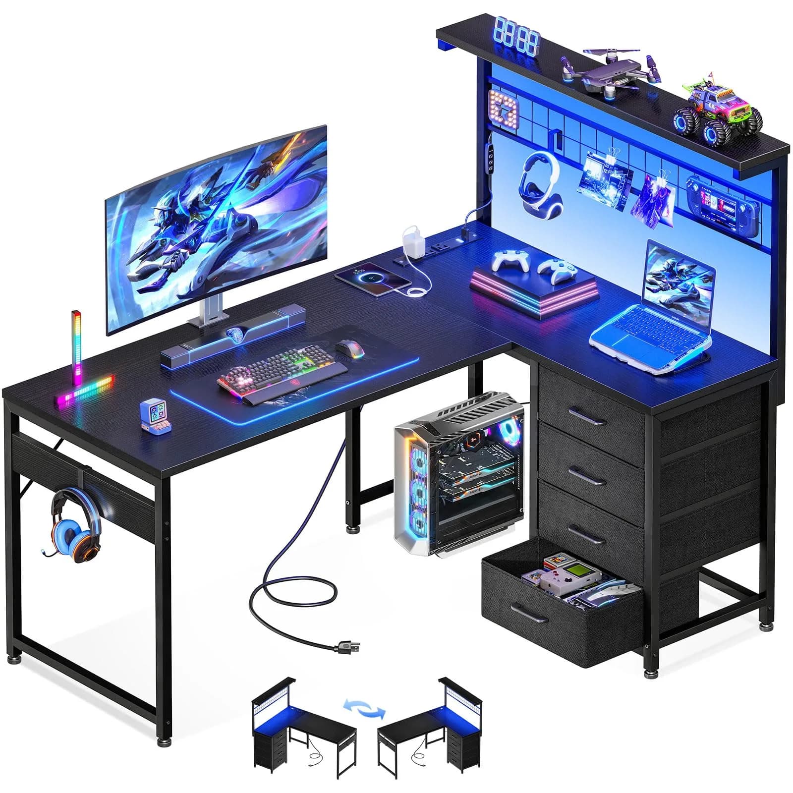 MOTPK 43" L Shaped Gaming Desk with Shelf & 4 Drawers | Reversible Corner Home Office Table — Black