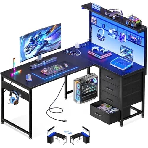 MOTPK 43" L Shaped Gaming Desk with Shelf & 4 Drawers | Reversible Corner Home Office Table thumbnail 1
