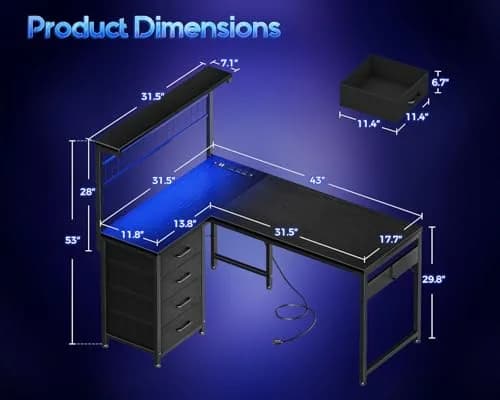 MOTPK 43" L Shaped Gaming Desk with Shelf & 4 Drawers | Reversible Corner Home Office Table thumbnail 6