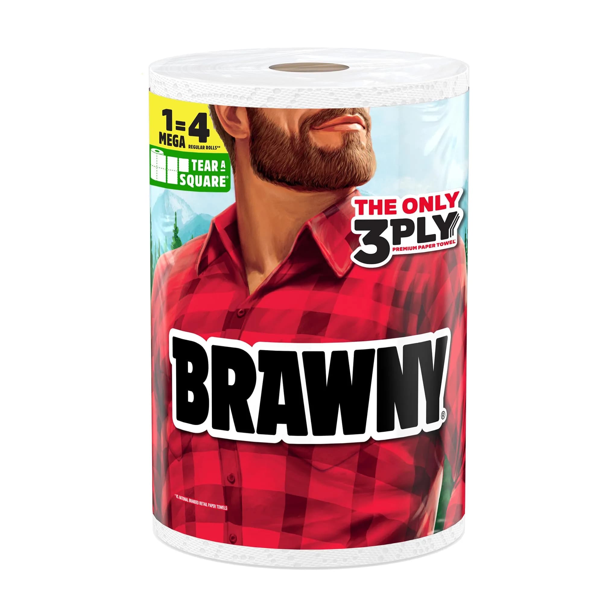 Brawny Tear-A-Square 3-Ply Paper Towels, 6 Double Rolls = 12 Regular Rolls | Strong, Absorbent, Eco-Friendly — Mega