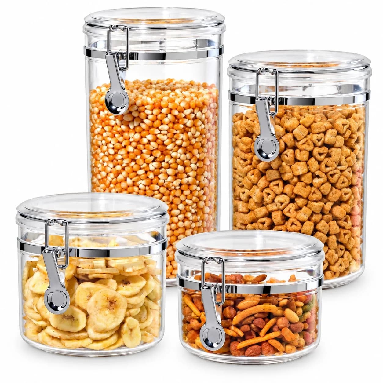 Oggi 4pc Clear Canister Set with Clamp Lids | Airtight Food Storage for Kitchen & Pantry (70-120 chars)