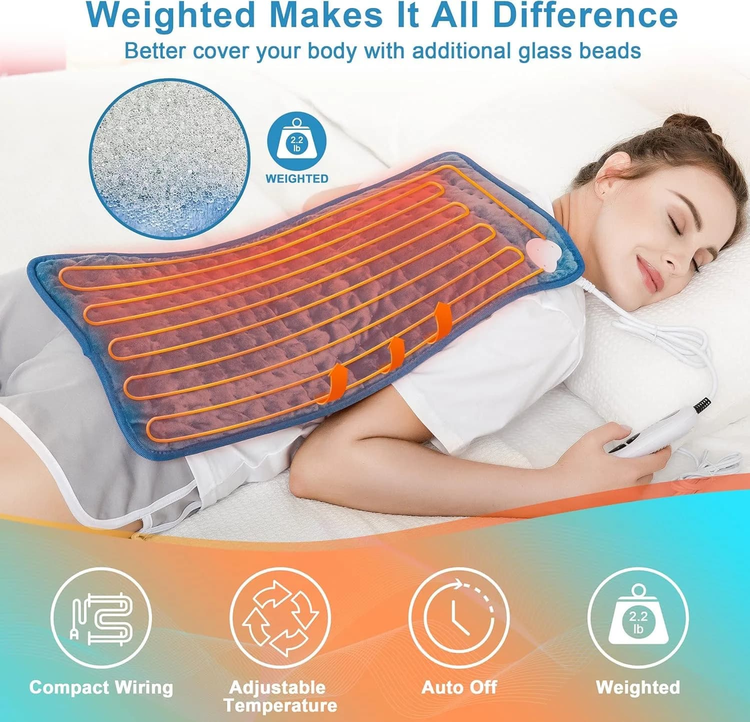 Deepsoon Weighted Blue Electric Heating Pad 24x12 Inch | Soothing Relief for Back, Neck, and Legs - view 7