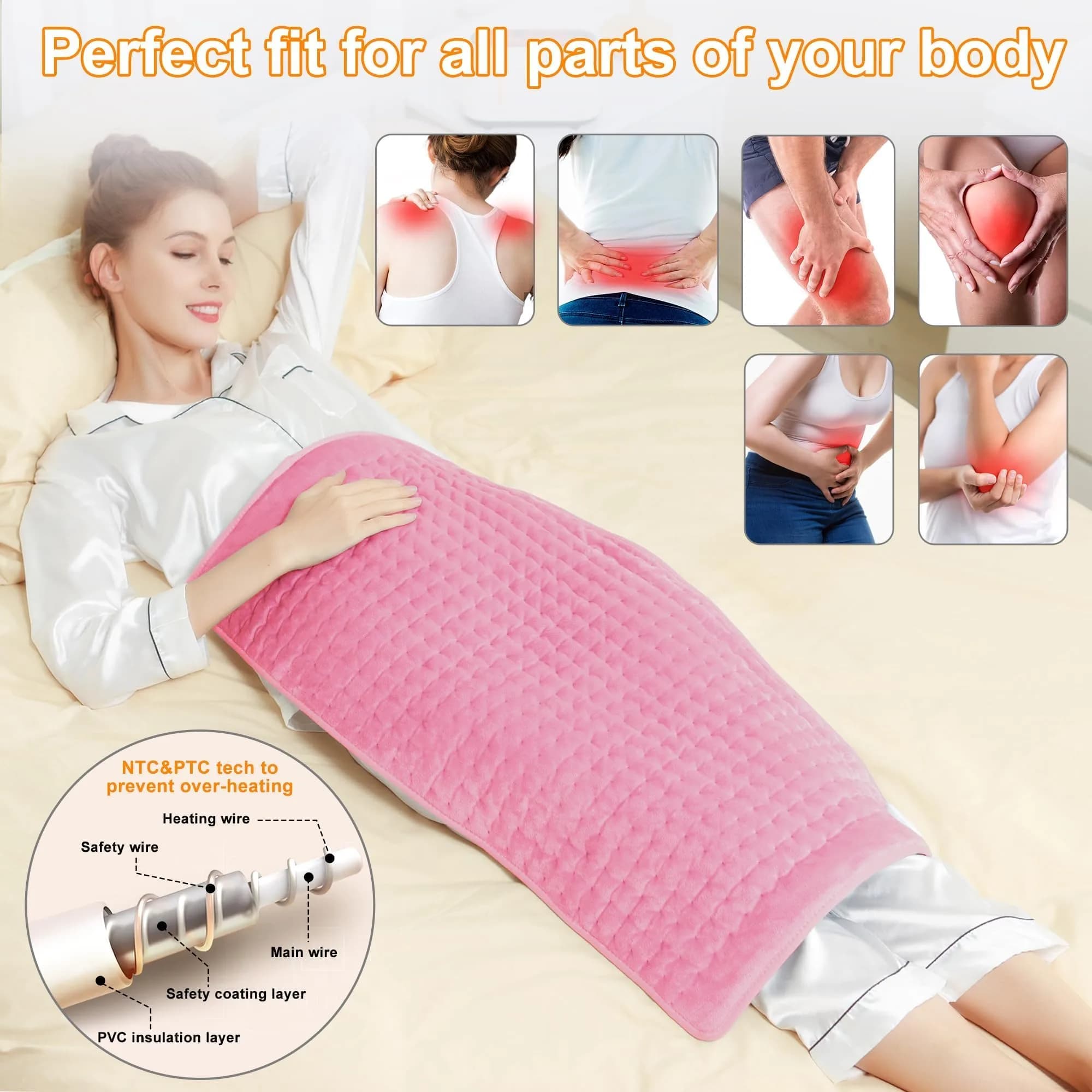 Deepsoon Pink Electric Heating Pad 33x17 Inch | Soft Flannel Cover, 6 Heat Settings, Auto Shut-Off - view 2
