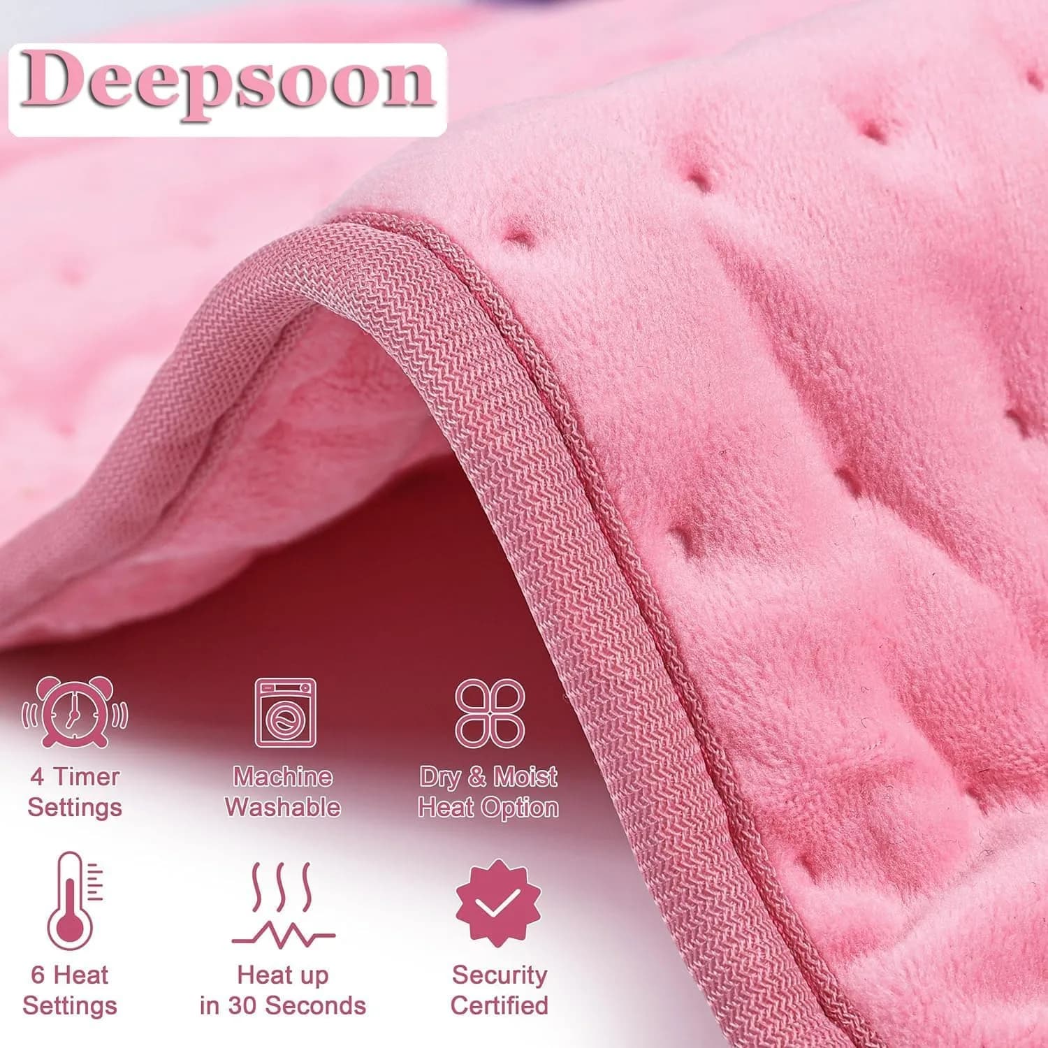 Deepsoon Pink Electric Heating Pad 33x17 Inch | Soft Flannel Cover, 6 Heat Settings, Auto Shut-Off - view 4