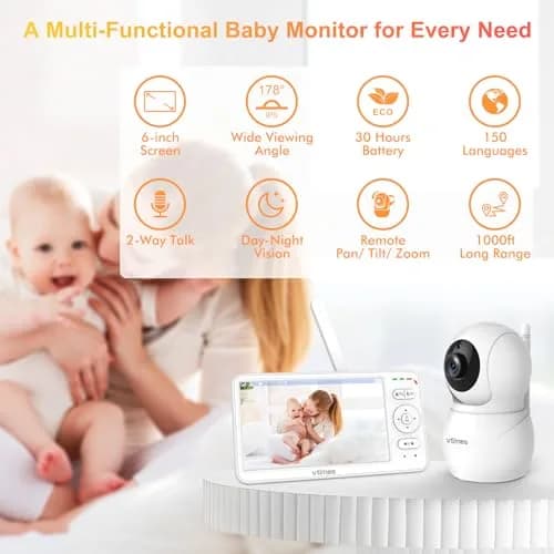 VTimes Baby Monitor with Camera and Audio, 6-inch IPS Screen, 30-Hour Battery | No WiFi Night Vision ECO 2-Way Audio PTZ 1000ft Range thumbnail 4