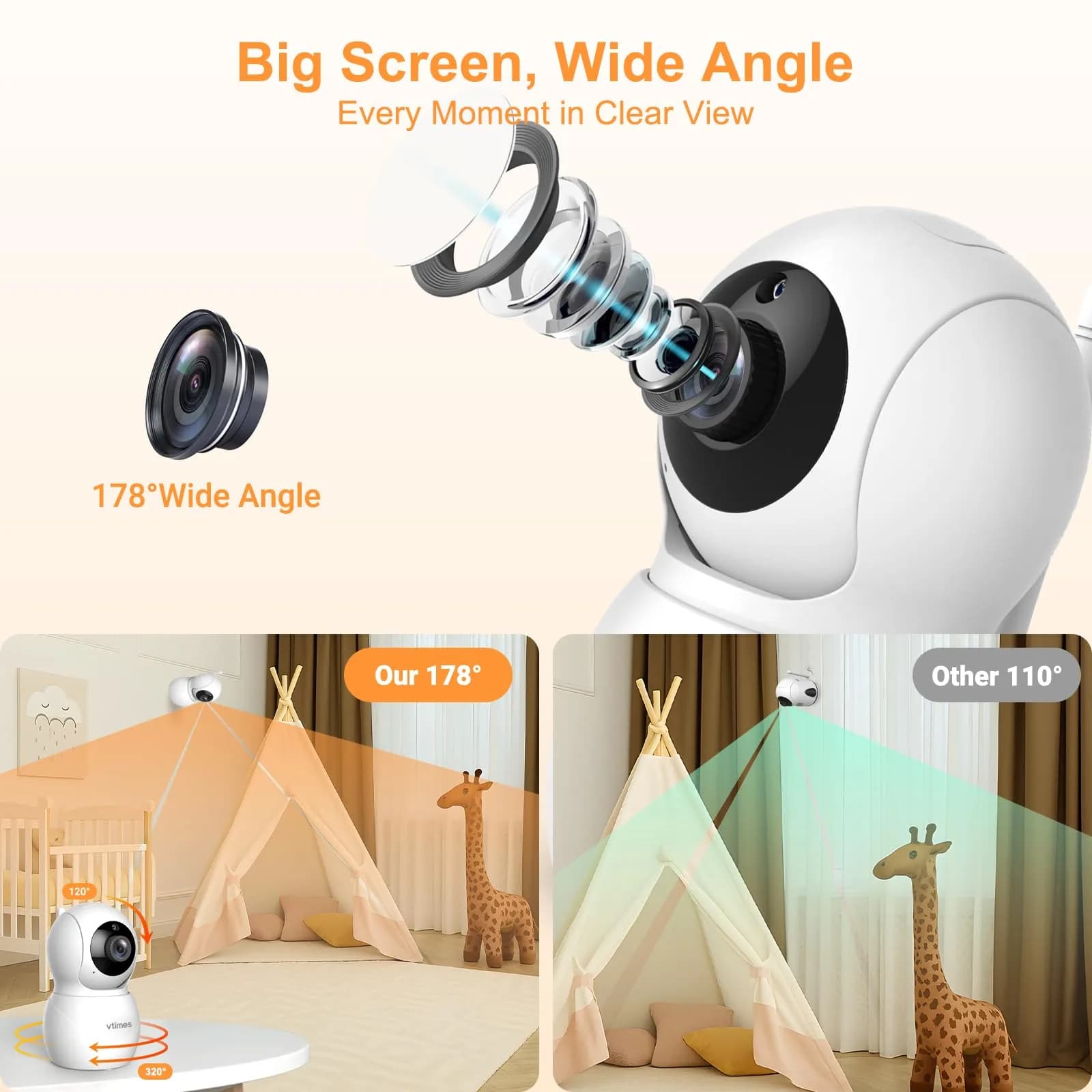 VTimes Baby Monitor with Camera and Audio, 6-inch IPS Screen, 30-Hour Battery | No WiFi Night Vision ECO 2-Way Audio PTZ 1000ft Range - view 8