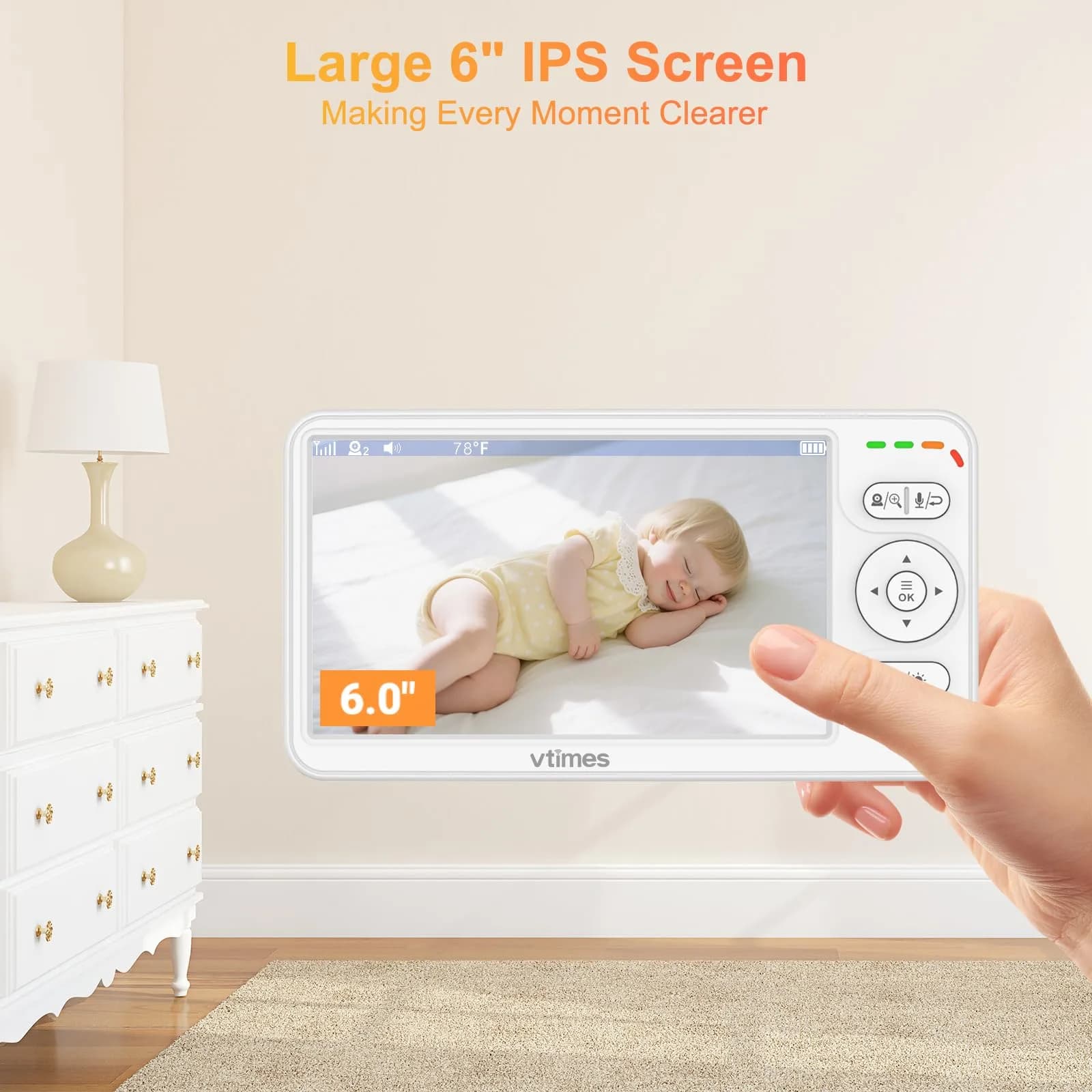 VTimes Baby Monitor with Camera and Audio, 6-inch IPS Screen, 30-Hour Battery | No WiFi Night Vision ECO 2-Way Audio PTZ 1000ft Range - view 2