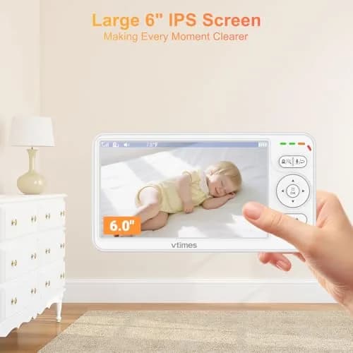 VTimes Baby Monitor with Camera and Audio, 6-inch IPS Screen, 30-Hour Battery | No WiFi Night Vision ECO 2-Way Audio PTZ 1000ft Range thumbnail 2