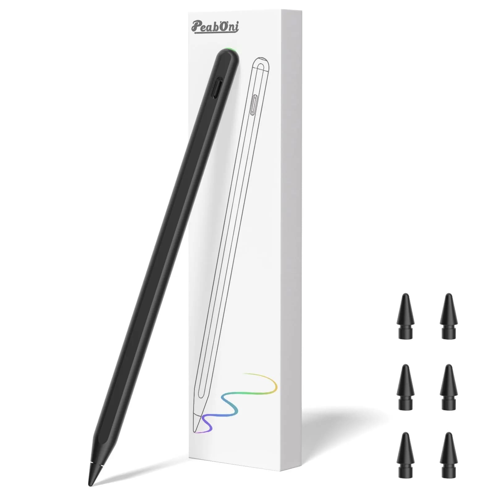 Peaboni Stylus Pen for iPad 2018-2026 | Magnetic & USB-C Fast Charge, 8hr Drawing — Black+6pcs Replacement Nibs