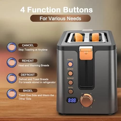 Mecity Toaster 2 Slice Stainless Steel Body Timer | 6 Browning Settings, Extra Wide Slots, Bagel/Defrost/Reheat/Cancel Functions thumbnail 5