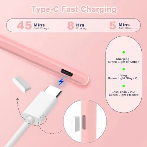 Peaboni Pink Input_Pen Magnetic Wireless Charging & USB C Fast Charge Stylus for iPad 11/10/9/8/7/6th Gen, Pro 13"/12.9"/11", Air M4/M3/M2/5/4/3, Mini (A17 Pro) thumbnail 4