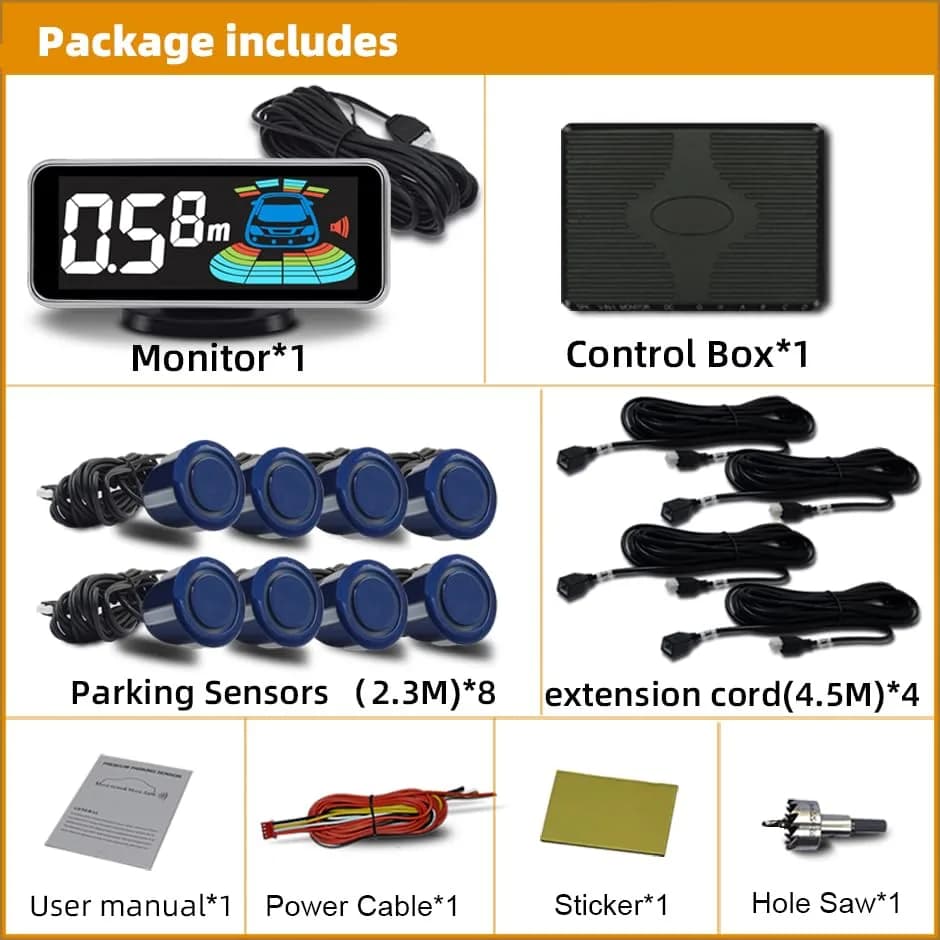 ELSNU 8-Sensor Parking Sensor Kit with Digital LCD Display, Dark Blue | Front & Rear Detection 0.3M-2.2M - view 2