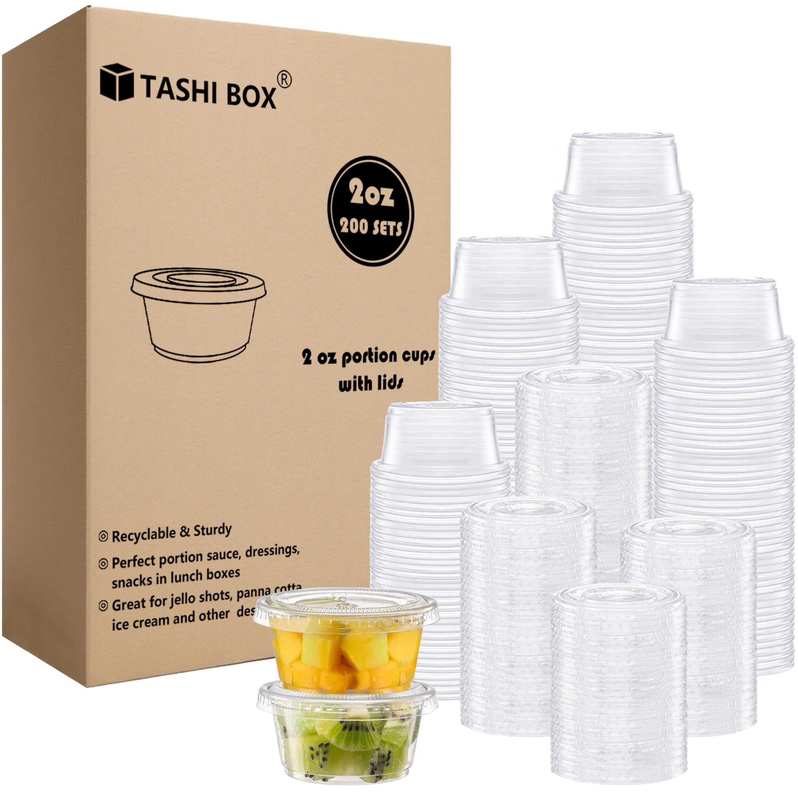 TashiBox 2 oz Plastic Portion Cups with Lids | Leak-Proof, Reusable, Food-Grade BPA-Free (70-120 chars)