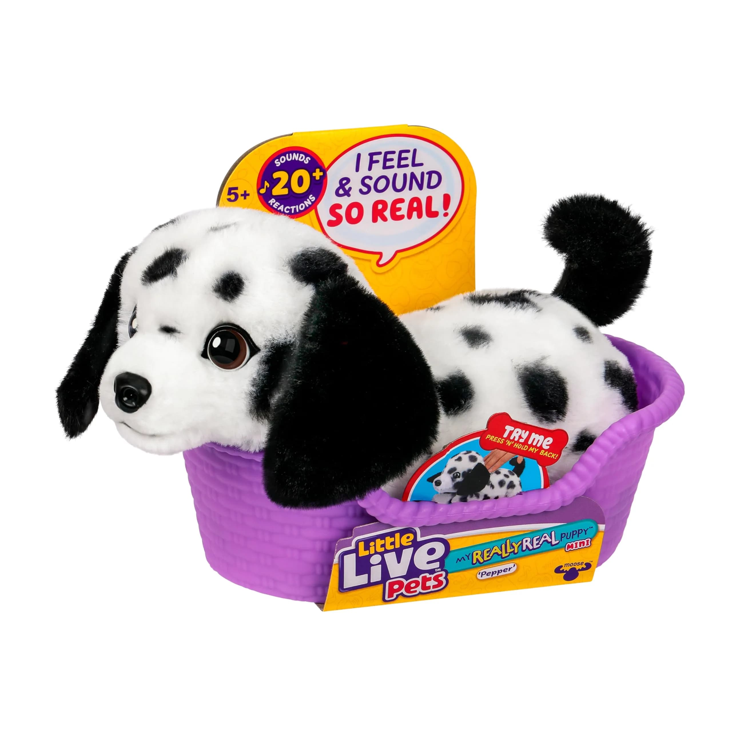 Little Live Pets My Really Real Puppy Mini Pepper the Dalmatian Interactive Plush Toy with Basket, 11cm (4.3in) | Educational Toy Figure for Kids 3-6 — Mini Dalmation