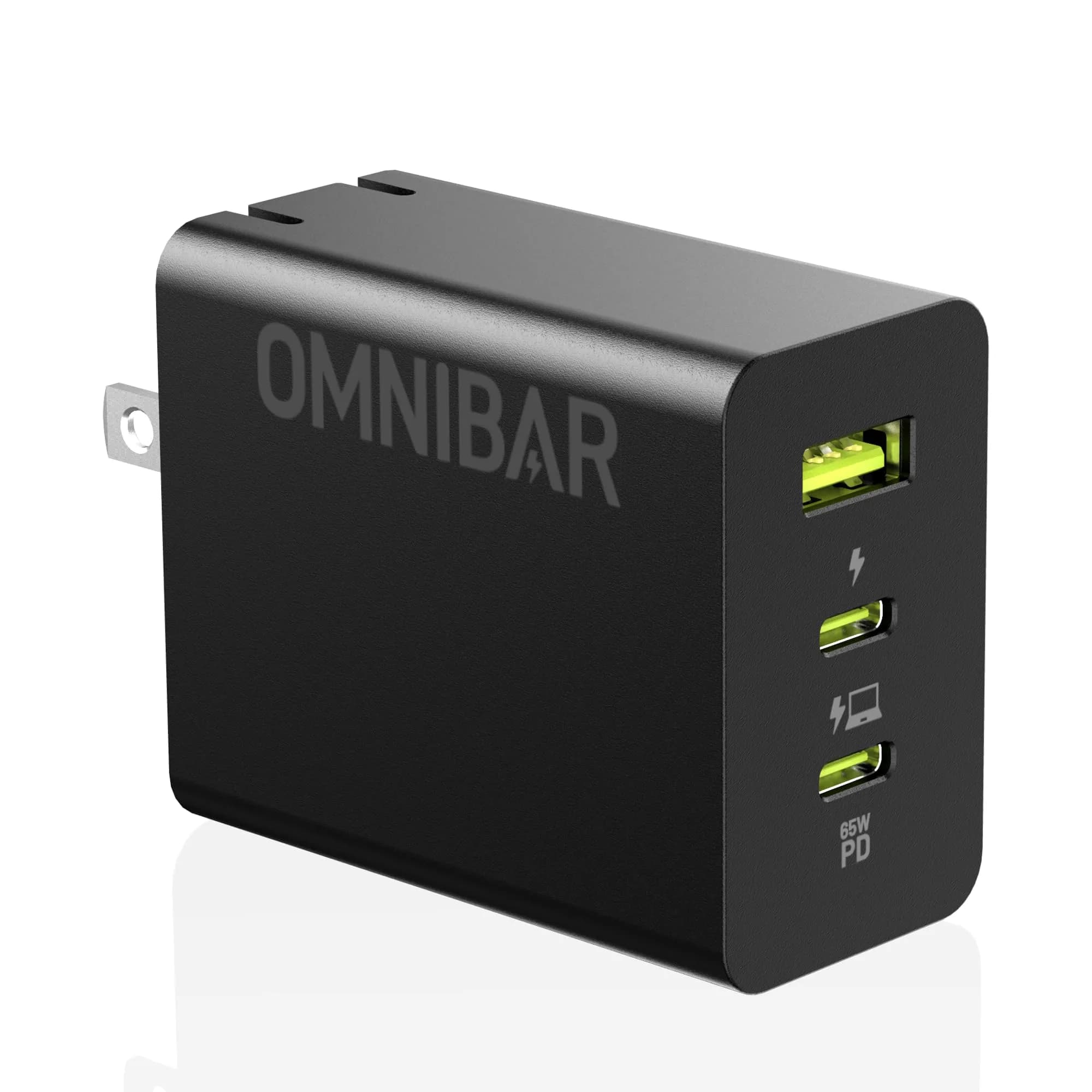Omnibar 65W USB C Charger Block | 3-Port GaN Fast Wall Charger, Black