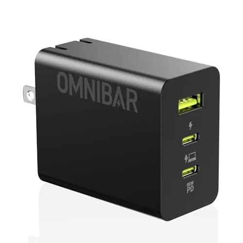 Omnibar 65W USB C Charger Block | 3-Port GaN Fast Wall Charger, Black thumbnail 1
