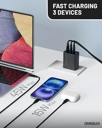 Omnibar 65W USB C Charger Block | 3-Port GaN Fast Wall Charger, Black thumbnail 2