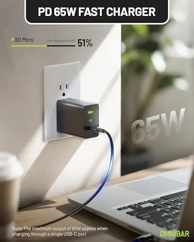 Omnibar 65W USB C Charger Block | 3-Port GaN Fast Wall Charger, Black thumbnail 3