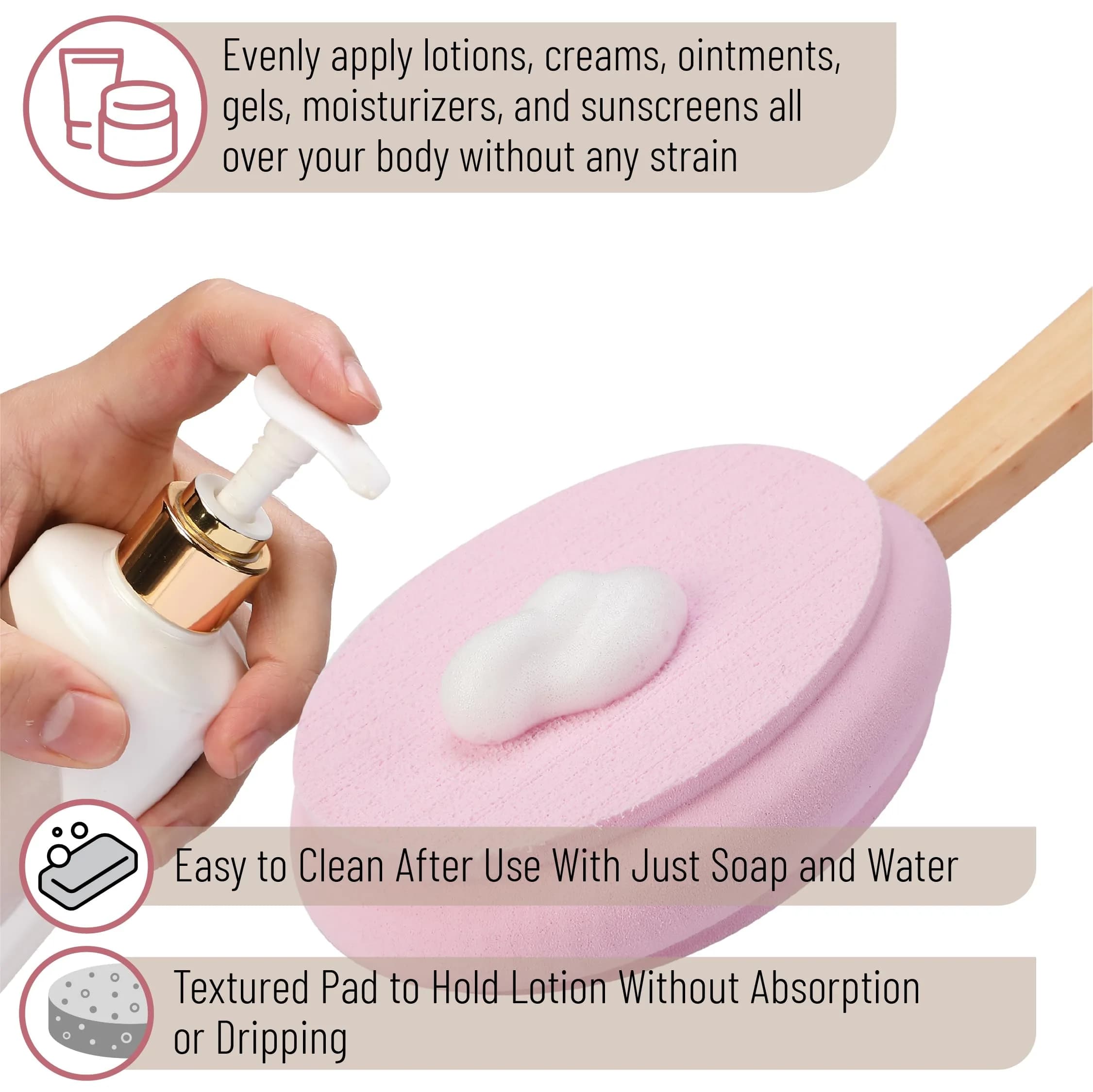 Slick Solutions 17 Inch Pink Lotion Applicator with 3 Extra Pads for Easy Back & Body Reach - view 4