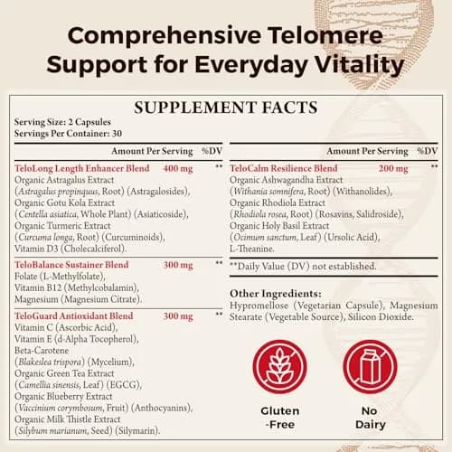 Orinthalixium Telomere Lengthening Supplements – Organic Astragalus, Gotu Kola, Vitamin D3, Folate, L-Theanine – 60 Vegan Capsules, Made in Japan thumbnail 2
