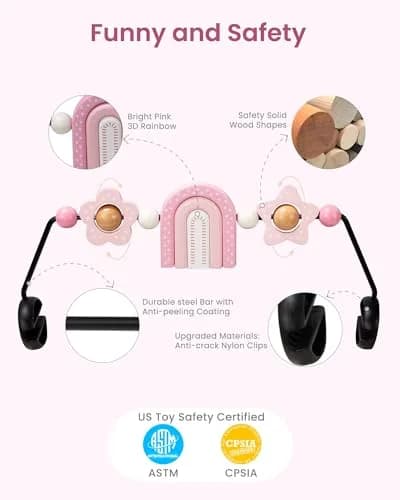 TinlyFinly Baby Bouncer Toy Bar Pink Rainbow | Wooden Attachment for Baby Bjorn Bouncers, Develops Motor Skills thumbnail 4