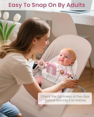 TinlyFinly Baby Bouncer Toy Bar Pink Rainbow | Wooden Attachment for Baby Bjorn Bouncers, Develops Motor Skills thumbnail 6