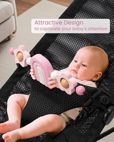 TinlyFinly Baby Bouncer Toy Bar Pink Rainbow | Wooden Attachment for Baby Bjorn Bouncers, Develops Motor Skills thumbnail 2