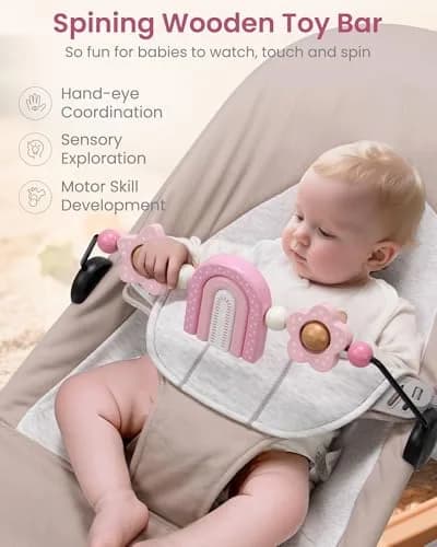 TinlyFinly Baby Bouncer Toy Bar Pink Rainbow | Wooden Attachment for Baby Bjorn Bouncers, Develops Motor Skills thumbnail 3