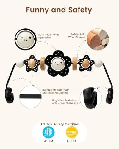 TinlyFinly Baby Bouncer Toy Bar Wooden Compatible with Baby Bjorn Bouncers, Black and White Flower | Engages & Develops Baby's Motor Skills thumbnail 4