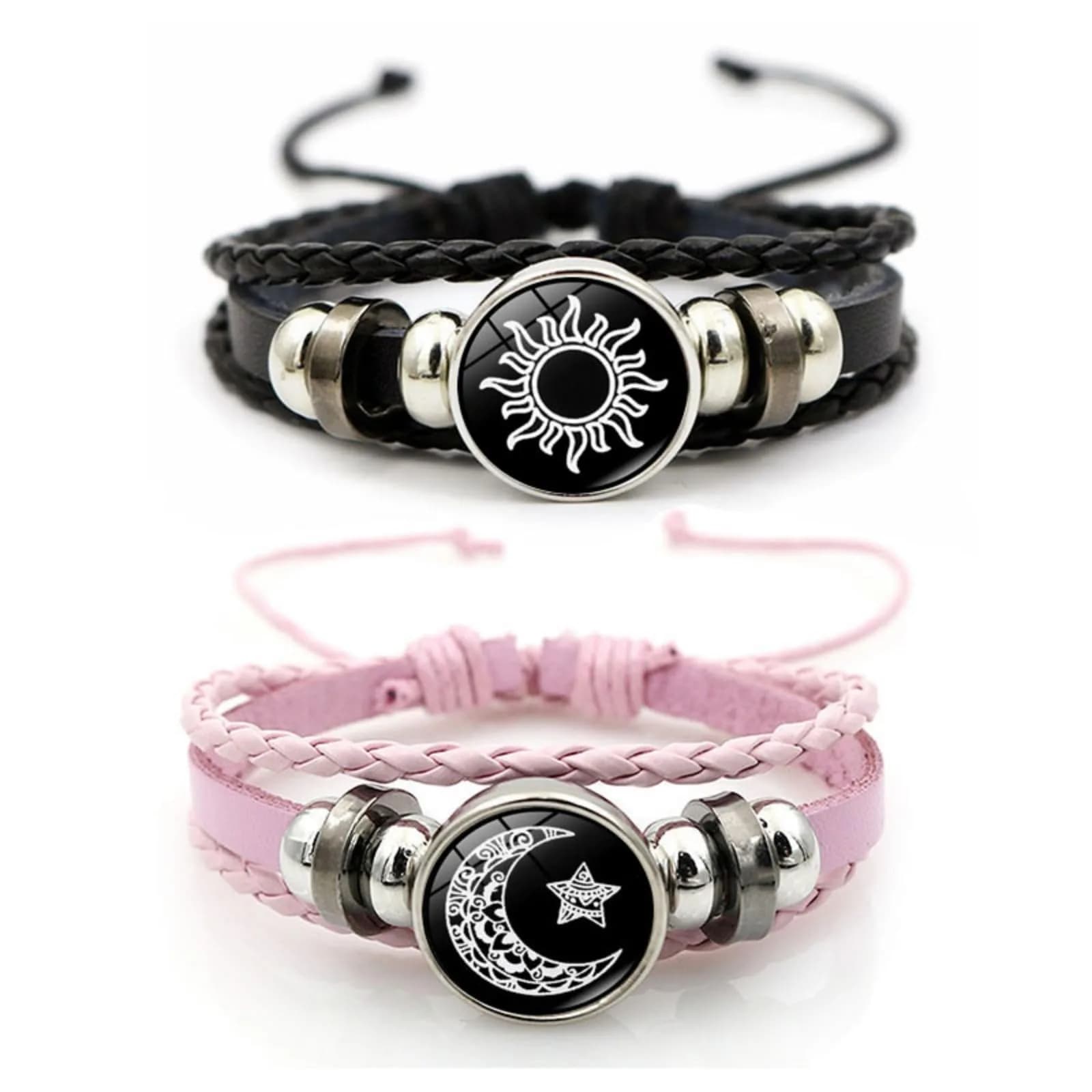 MENGYUEXUAN Luminous Sun and Moon Couple Bracelet | Glow in the Dark Adjustable Leather Jewelry for Couples — black,pink