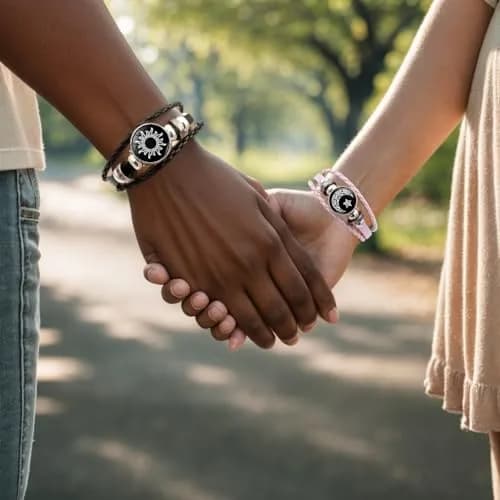 MENGYUEXUAN Luminous Sun and Moon Couple Bracelet | Glow in the Dark Adjustable Leather Jewelry for Couples thumbnail 4