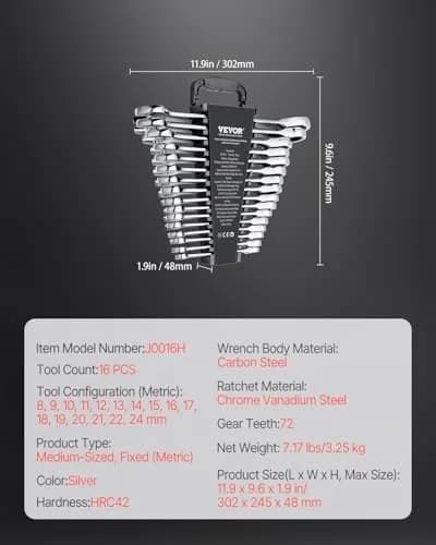 VEVOR Combination Wrench Set, 16-Piece Metric Ratcheting Wrenches, Cr-V Steel, 8-24 mm | Precise, Durable, Portable thumbnail 7