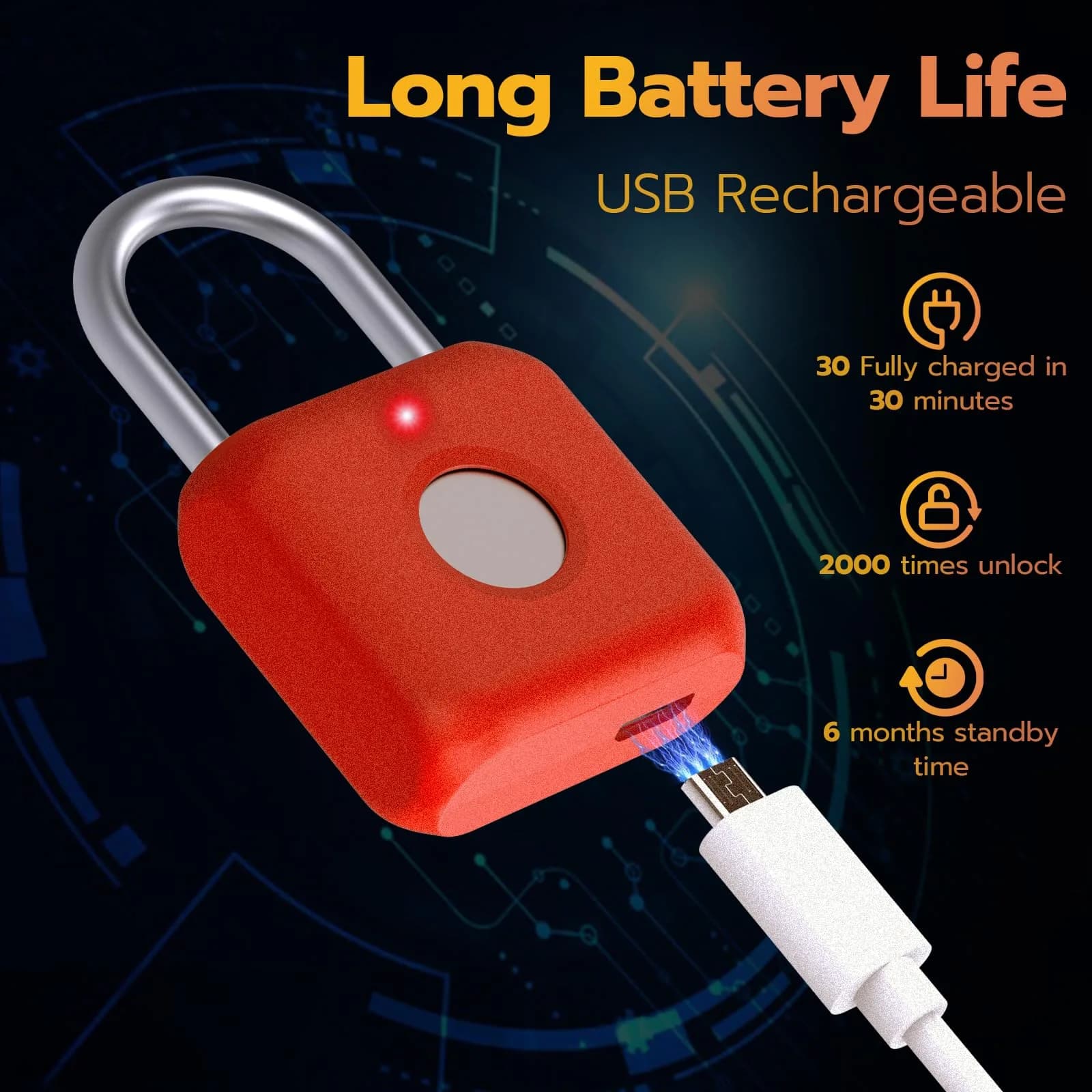 Pothunder Biometric Fingerprint Padlock Red | 2.3cm (0.9") Shackle - view 6