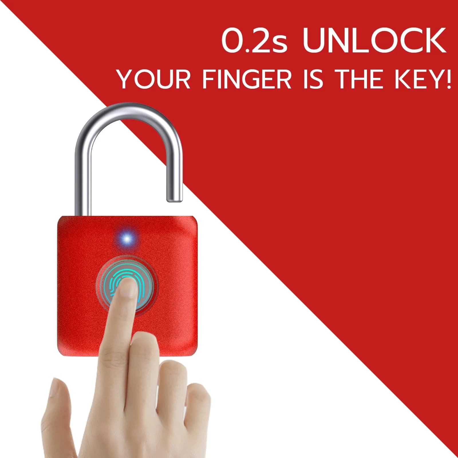 Pothunder Biometric Fingerprint Padlock - Red | Keyless Smart Lock for Gym Locker, Luggage, Backpack - view 2