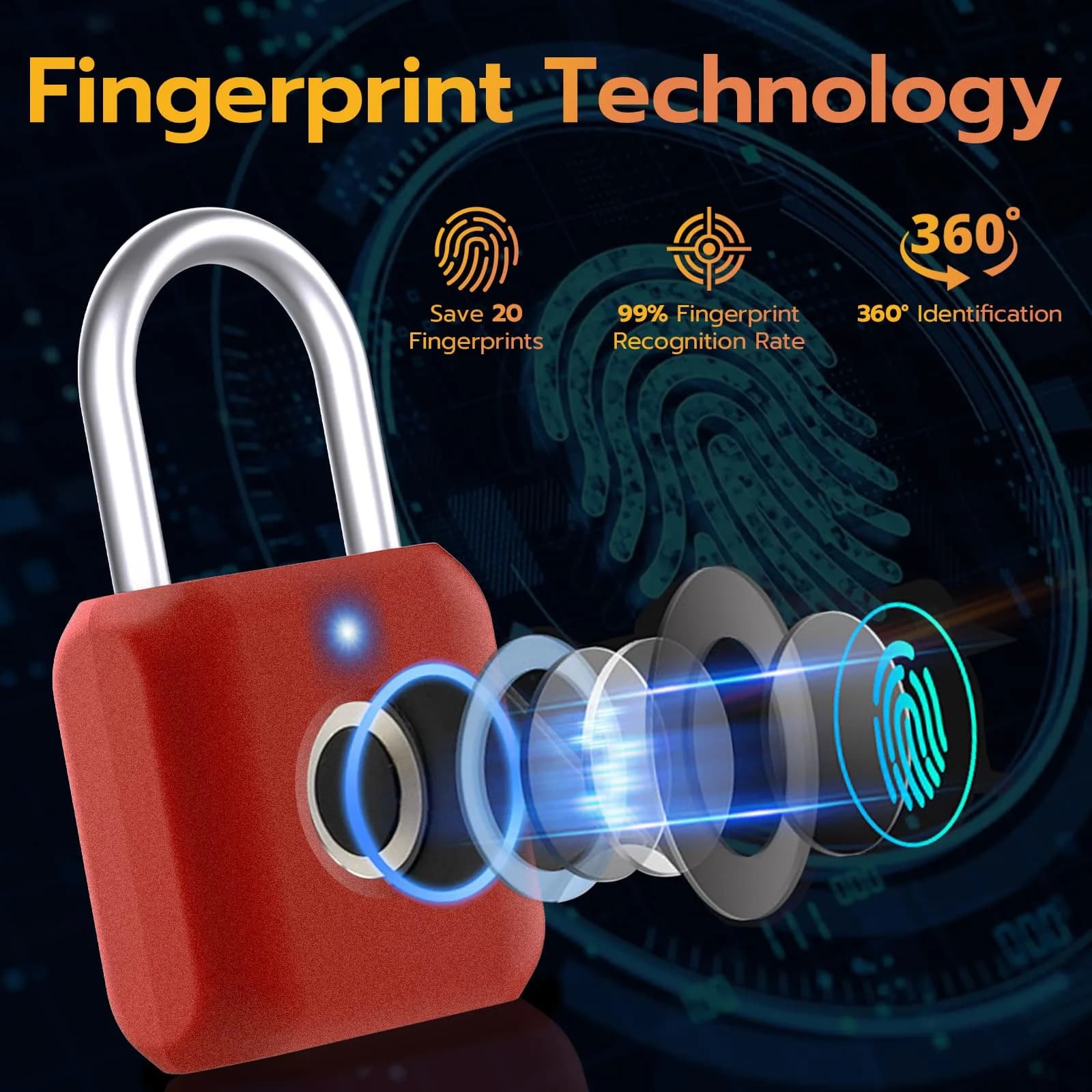 Pothunder Biometric Fingerprint Padlock - Red | Keyless Smart Lock for Gym Locker, Luggage, Backpack - view 3