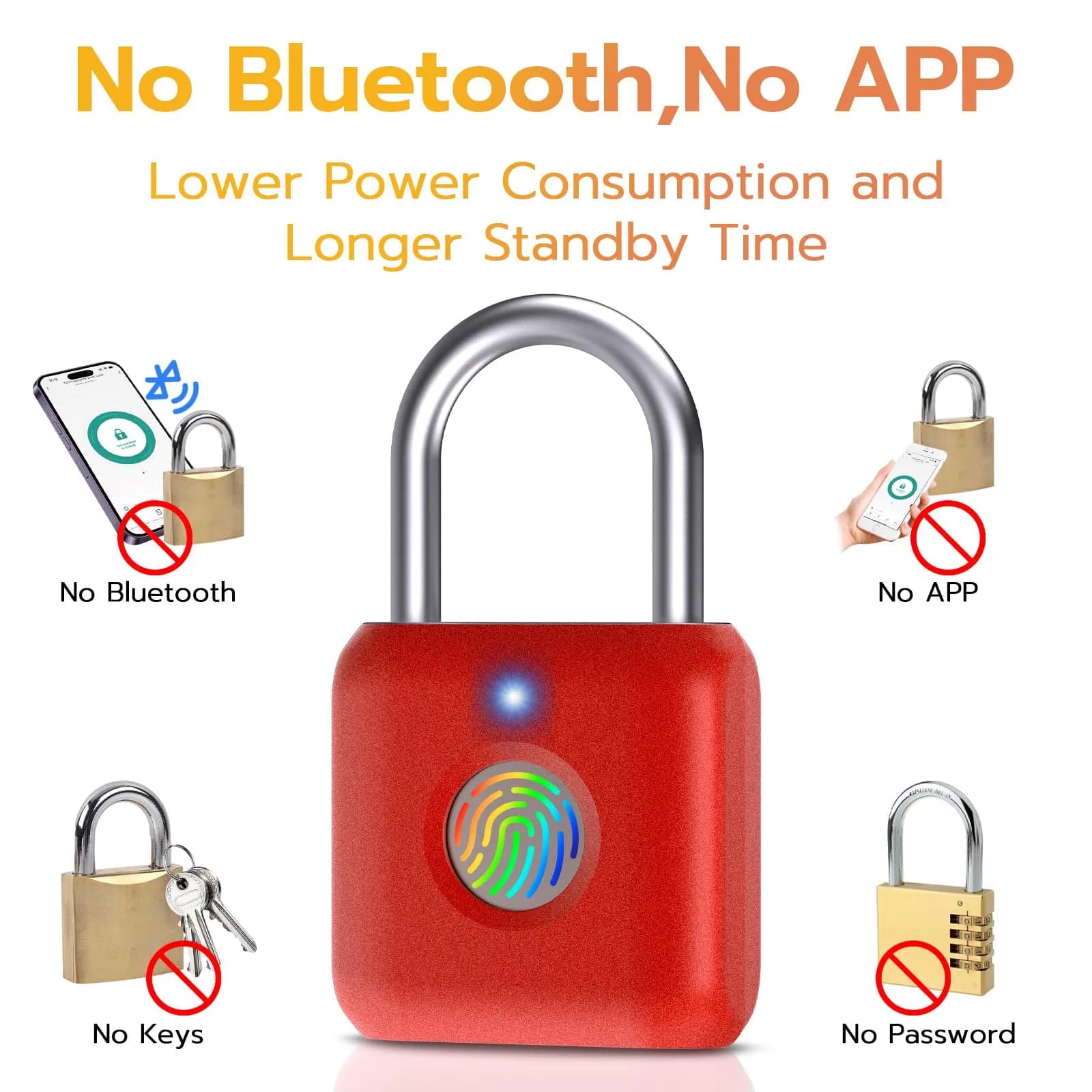 Pothunder Biometric Fingerprint Padlock - Red | Keyless Smart Lock for Gym Locker, Luggage, Backpack - view 4