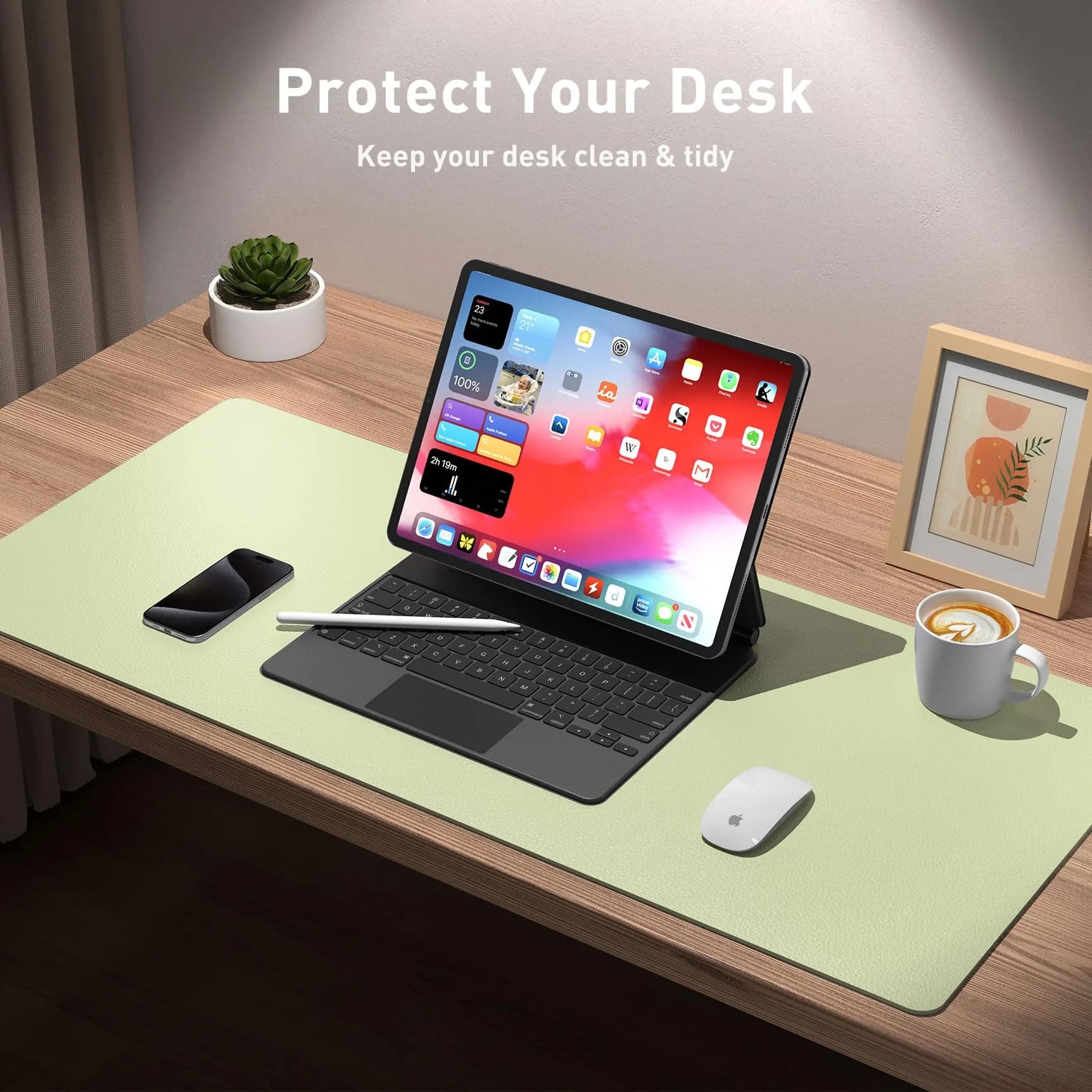 Aothia Grass Green PU Leather Desk Pad 122cm x 43cm (48"x17") | Protects Desks, Smooth Writing Surface - view 5