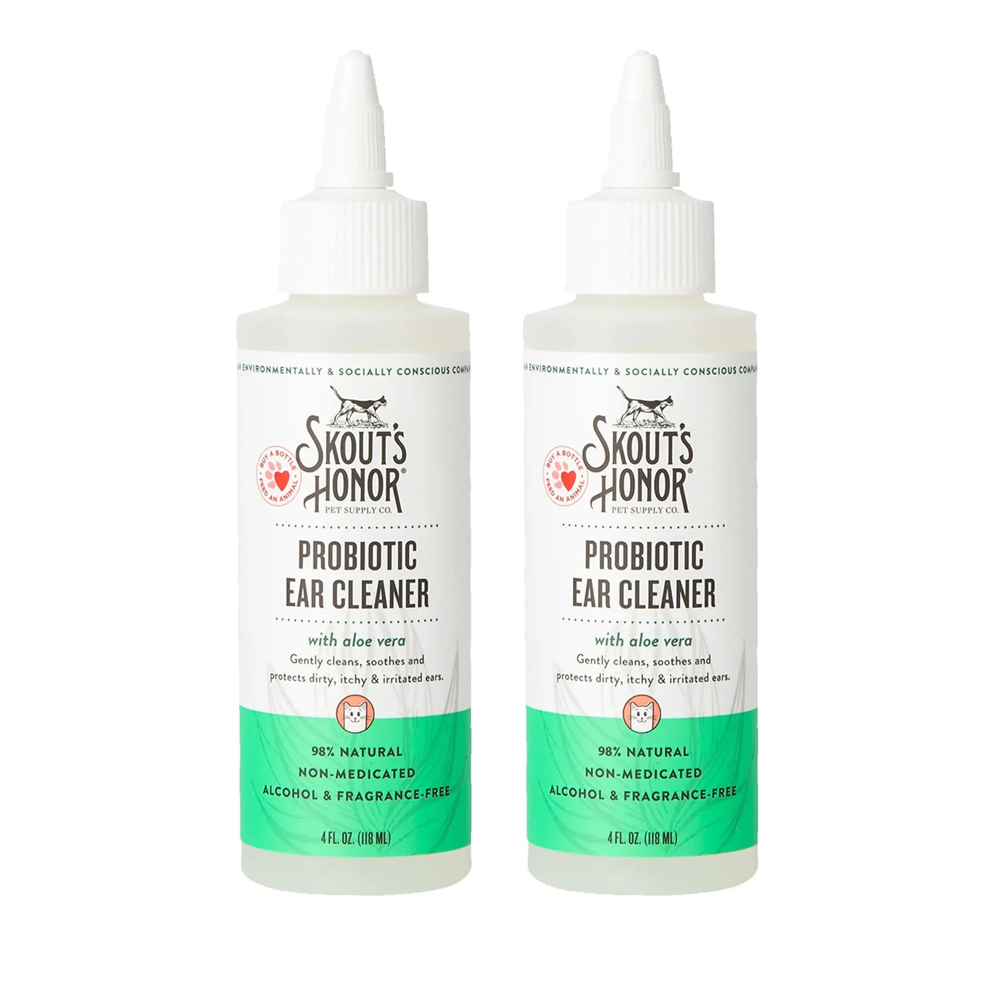 SKOUT'S HONOR Probiotic Cat Ear Cleaner 4 oz | Gentle, Alcohol-Free, Aloe Vera Formula — 2- Pack