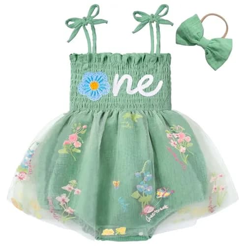 HONGTEYA Baby Girl 1st Birthday Outfit Green Tulle Dress with Headband (12-18 Months) thumbnail 1