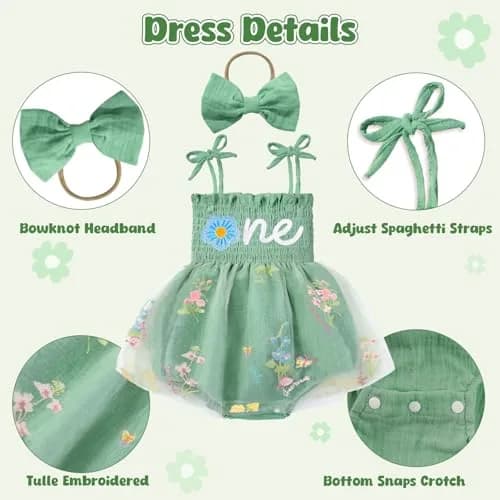 HONGTEYA Baby Girl 1st Birthday Outfit Green Tulle Dress with Headband (12-18 Months) thumbnail 5