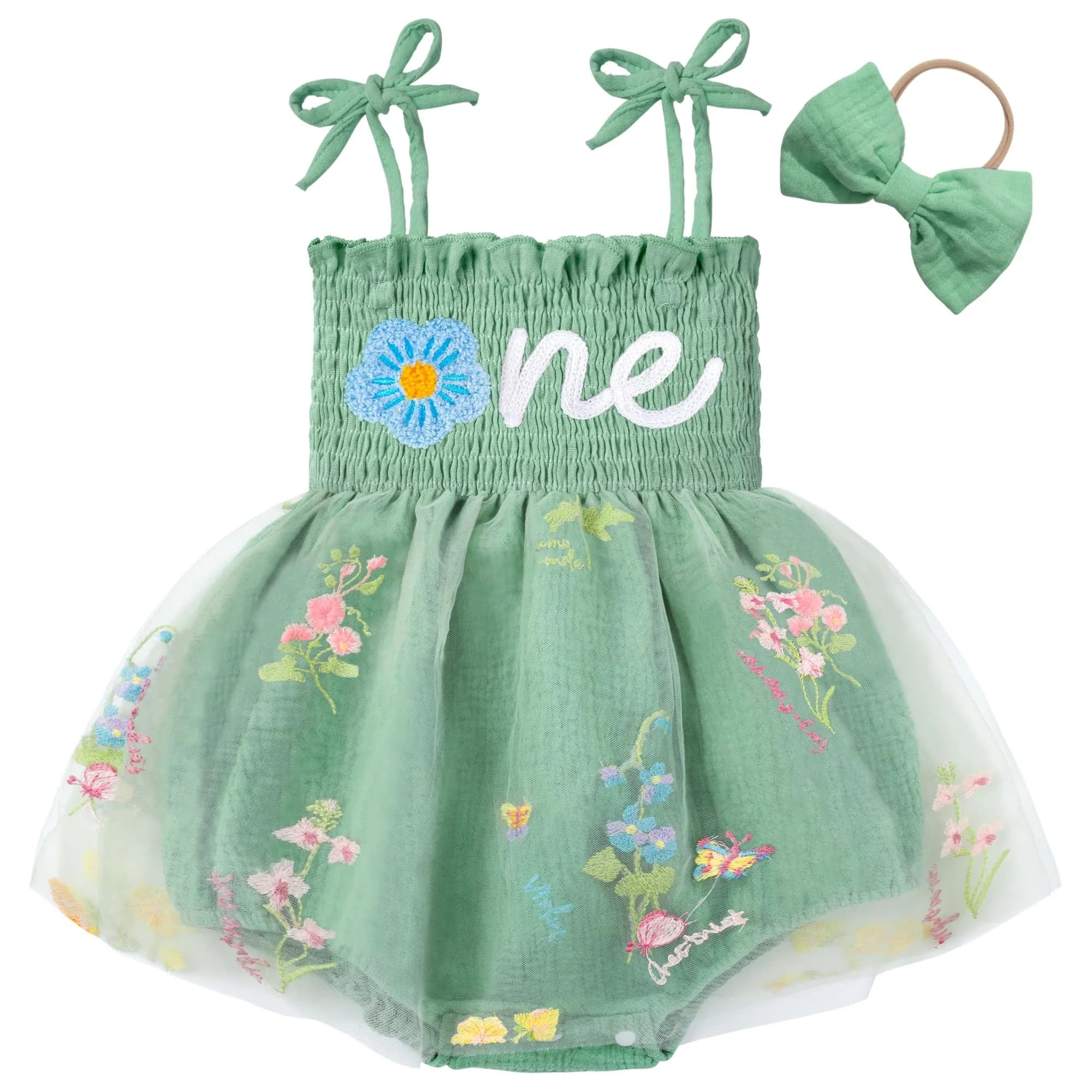 HONGTEYA Baby Girl 1st Birthday Outfit Green Tulle Dress with Headband (12-18 Months) - main product image
